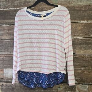 Matilda Jane Pink and White Striped Layered Long Sleeve Sweater, Sz L